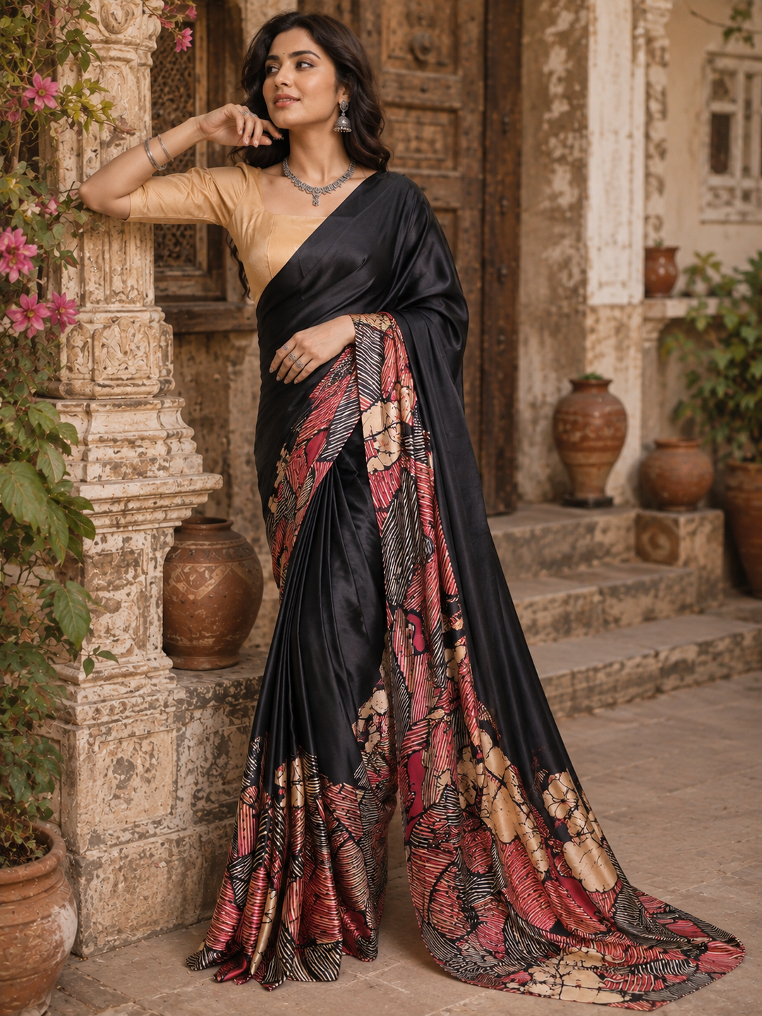 Premium Satin Silk Printed Saree With Unstitched Blouse(Black)