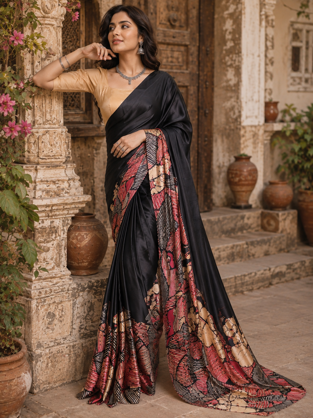 Premium Satin Silk Printed Saree With Unstitched Blouse(Black)