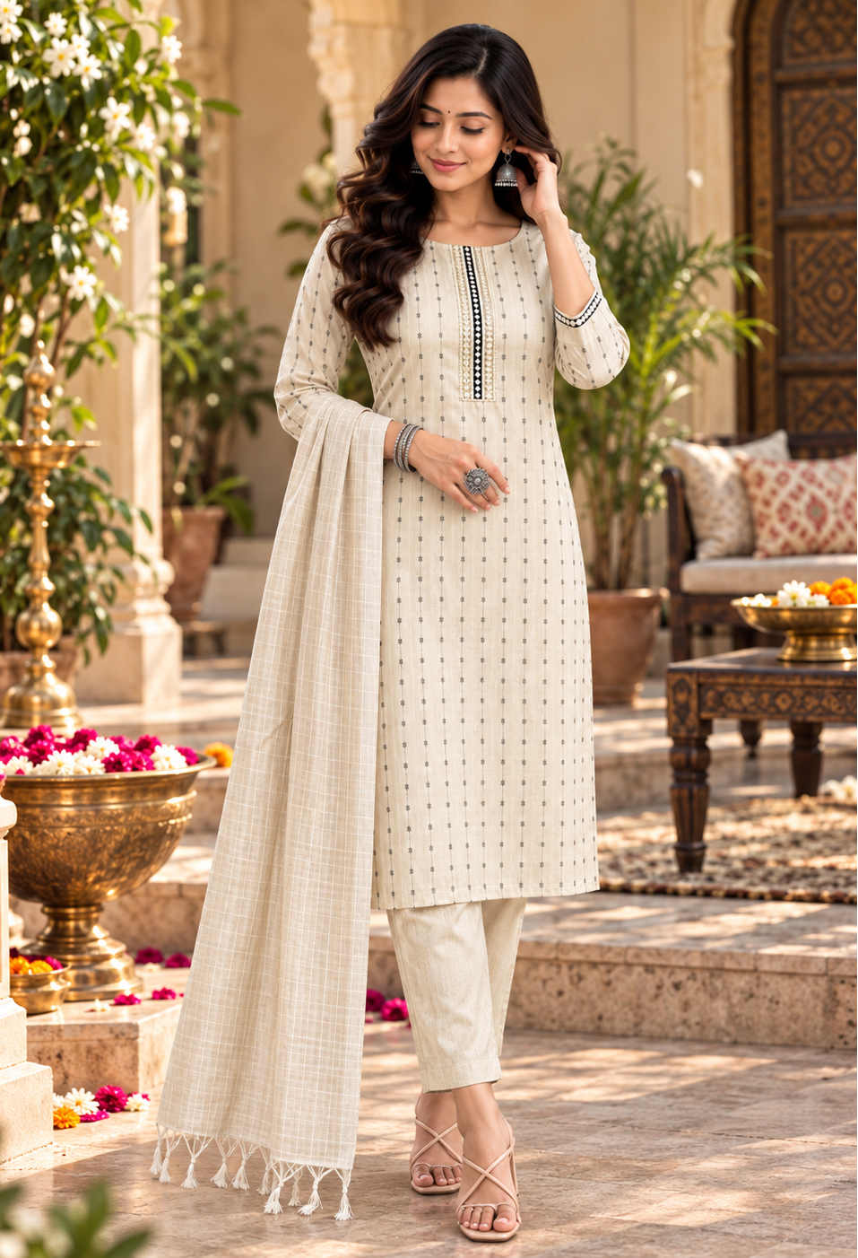 Cotton Kurti Pant Set With Dupatta(Beige)
