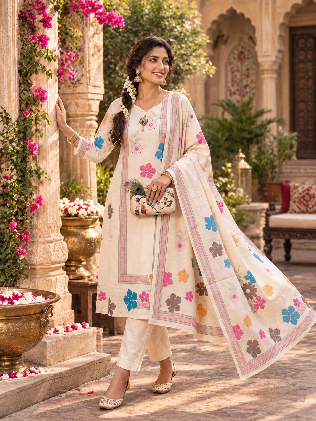 Cotton Digital Print Kurti Set With Dupatta(Cream)
