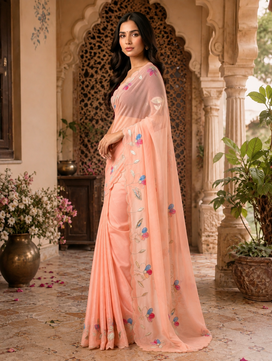 Premium Georgette Floral Print Saree With Unstitched Blouse(Peach)