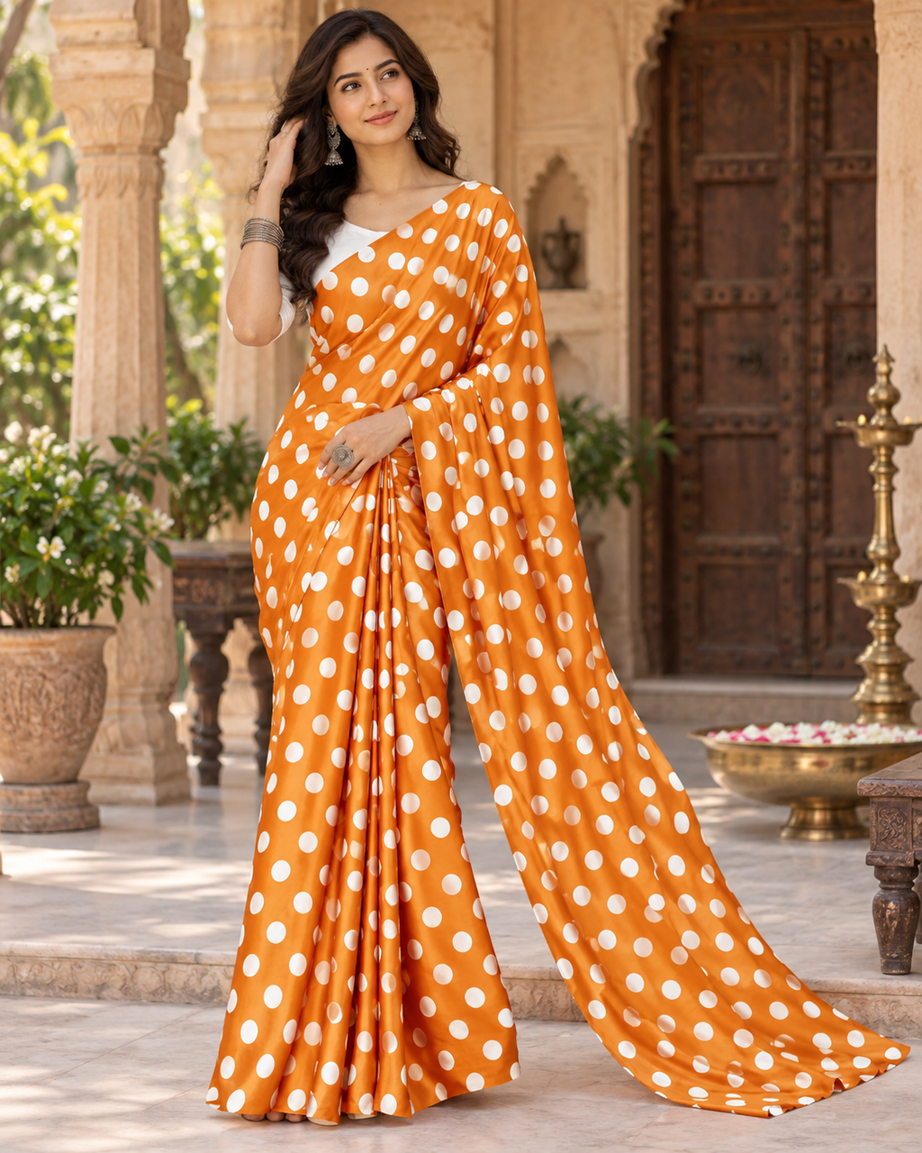 Satin Silk Printed Saree With Unstitched Blouse(Orange)
