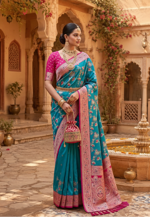Soft Silk Banarasi Saree With Unstitched Blouse(Blue)