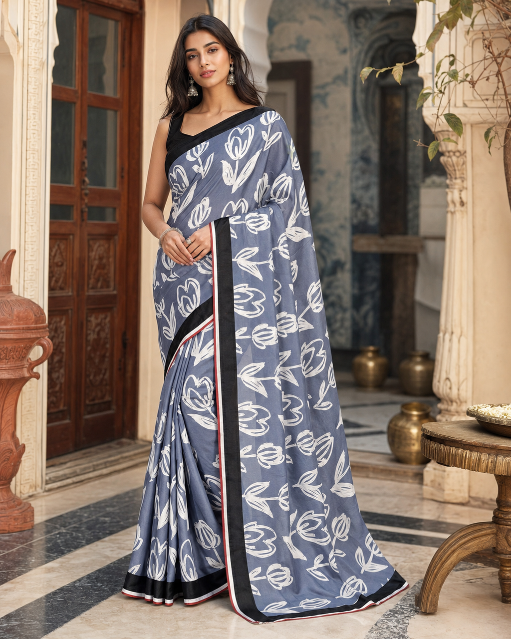 Satin Silk Printed Saree With Unstitched Blouse(Grey)