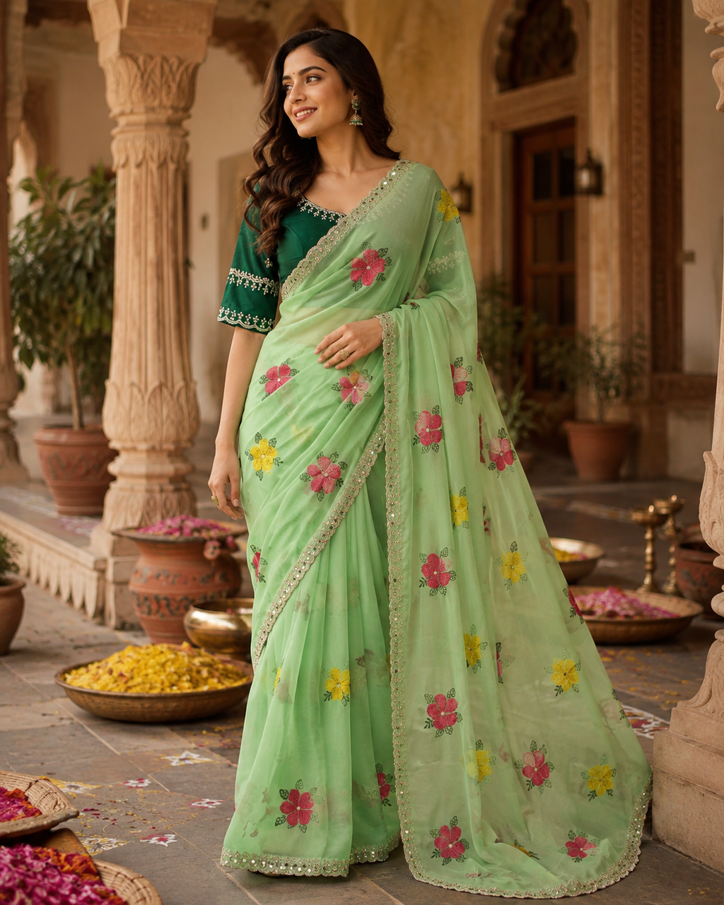 Soft Rangoli Silk Embroidery & Mirror Work saree With Unstitched Blouse(Green)