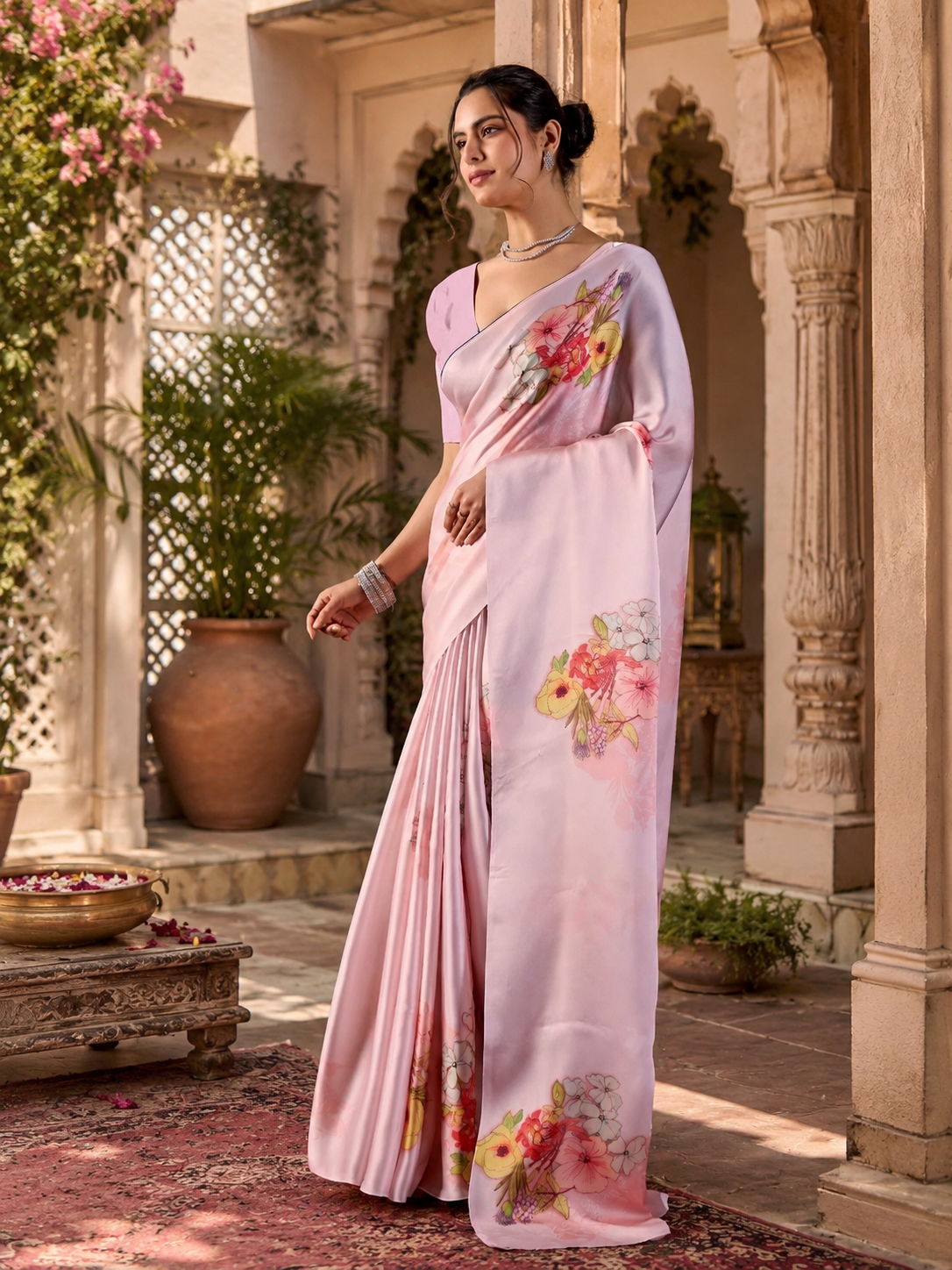 Satin Georgette Floral Printed Saree With Unstitched blouse(Violet)