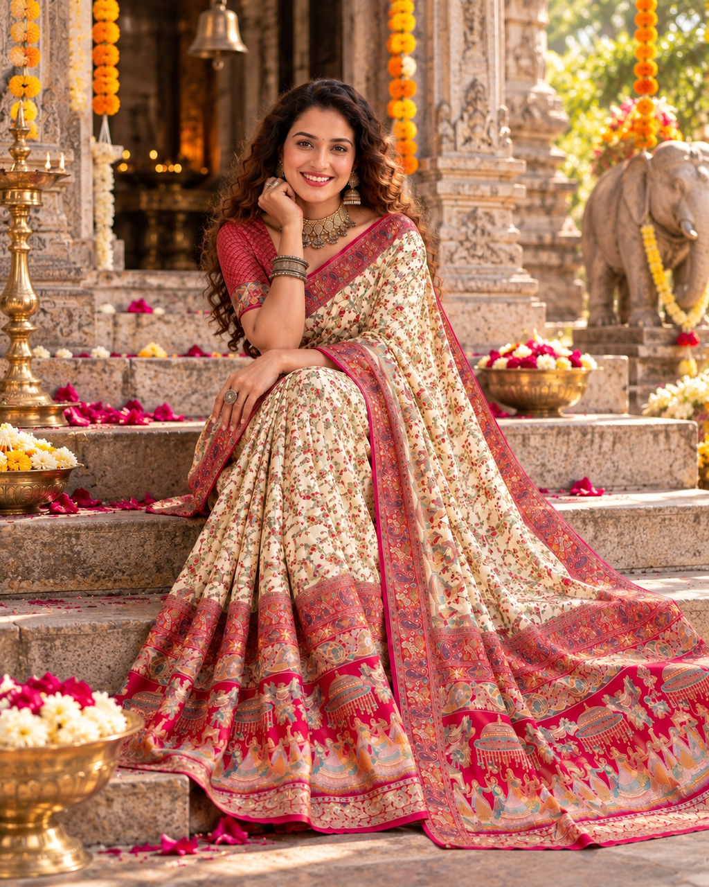 Gajji Silk Ajrakh Printed Saree With Unstitched Blouse(White)