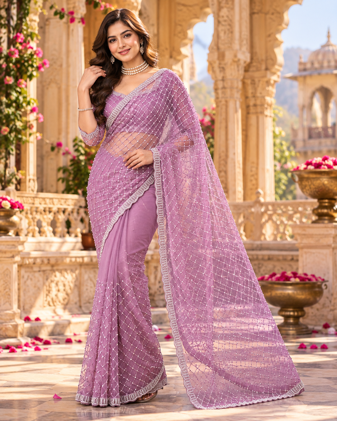 Net Silk Pearl Embroidery Work Premium Saree With Unstitched Blouse(Lavender)