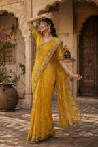 Premium Georgette Heavy Work Saree With Unstitched Blouse(Yellow)