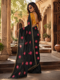 Soft Rangoli Silk Embroidery & Mirror Work saree With Unstitched Blouse(Black)