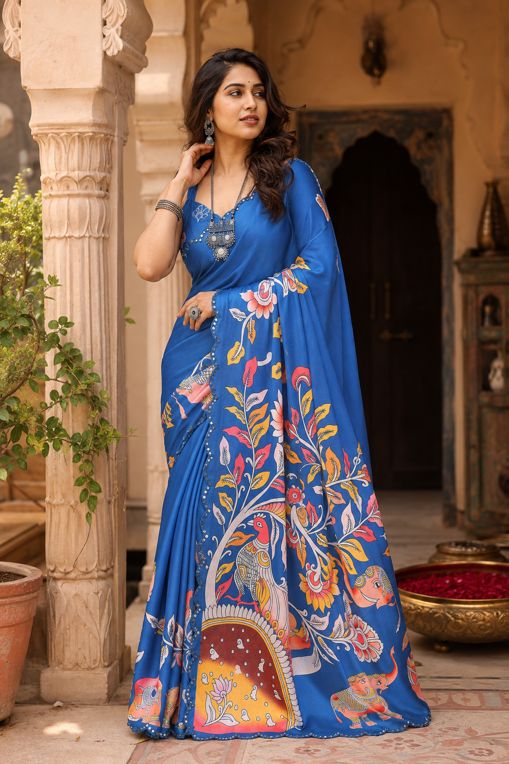 Manipuri Silk Kalamkari Print Saree With Unstitched Blouse(Blue)