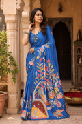 Manipuri Silk Kalamkari Print Saree With Unstitched Blouse(Blue)
