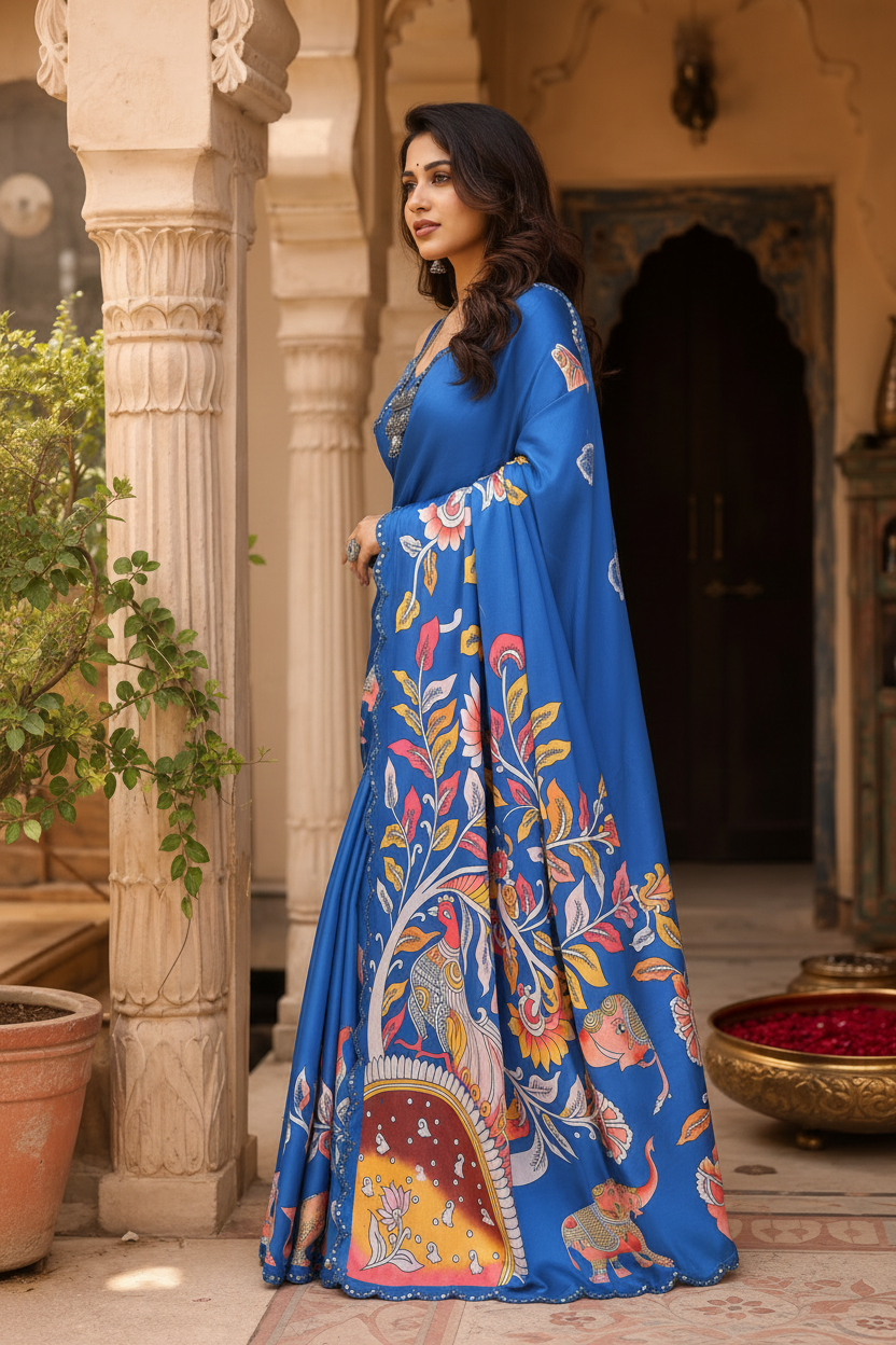 Manipuri Silk Kalamkari Print Saree With Unstitched Blouse(Blue)