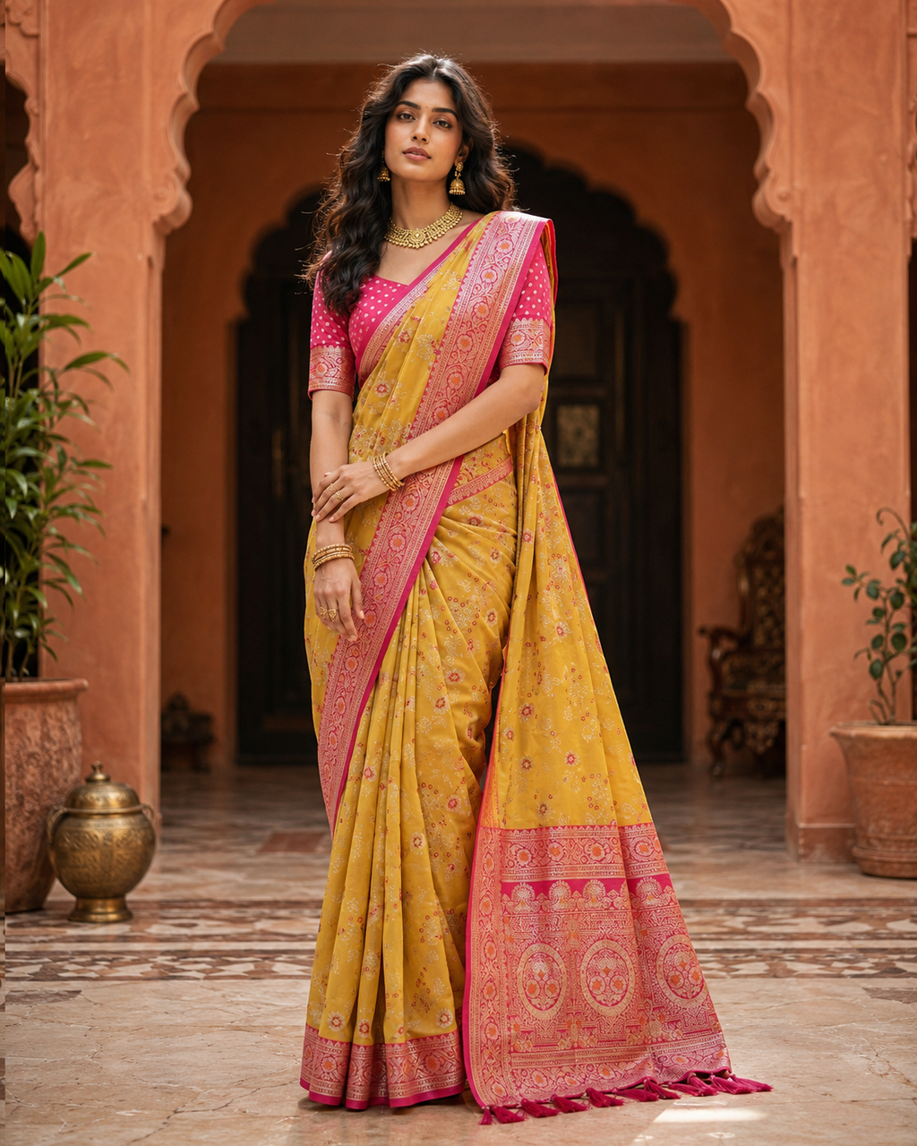 Soft Banarasi Silk Saree With Unstitched Blouse(Mustard)