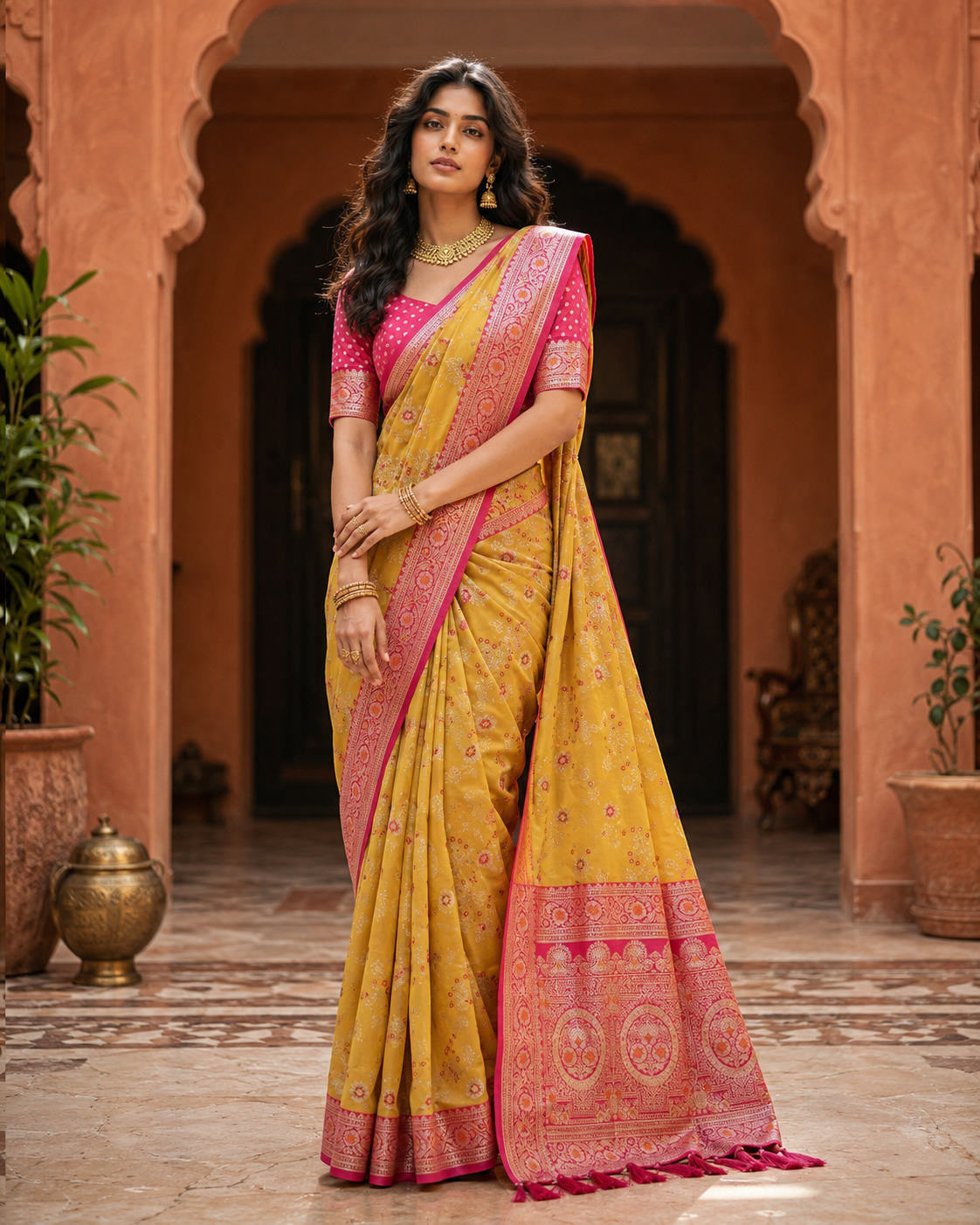 Soft Banarasi Silk Saree With Unstitched Blouse(Mustard)