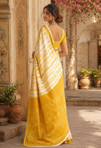 Linen Printed Saree With Unstitched Blouse(Yellow)
