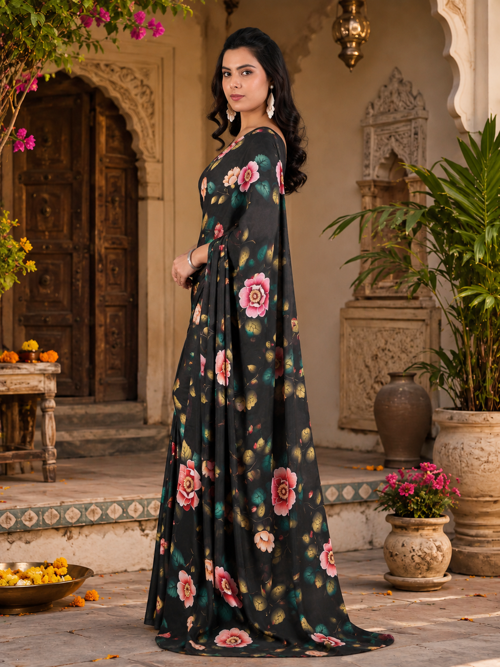 Soft Georgette Satin Floral Printed Saree With Unstitched Blouse(Black)