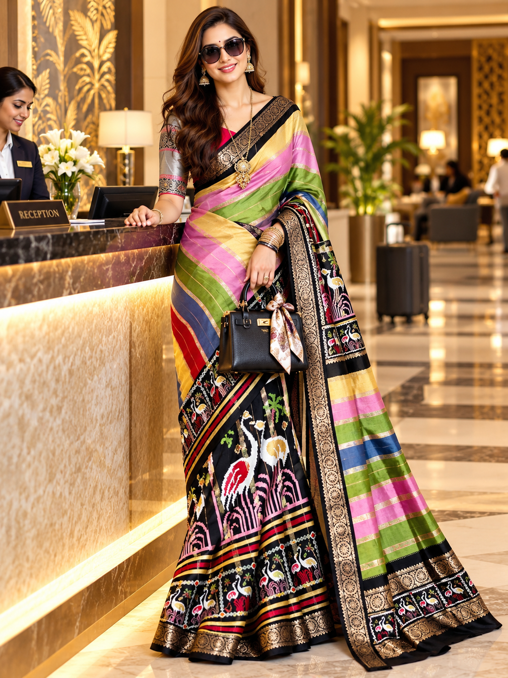 Premium Dola Silk Multicolored Stripes Weaving Border Saree With Unstitched Blouse (Multicolour)
