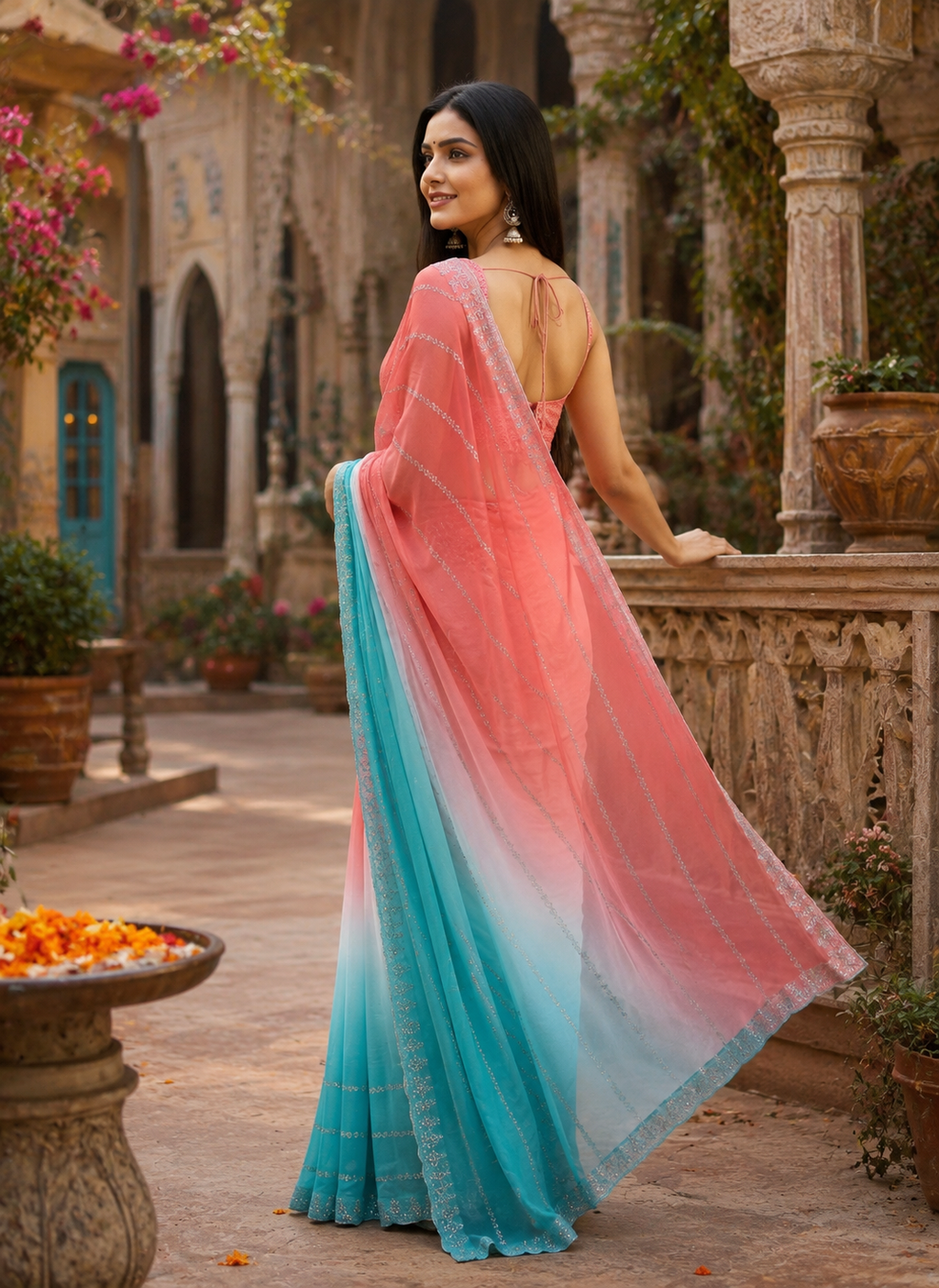 Georgette Swarovski Printed Saree With Unstitched Blouse(Pink)