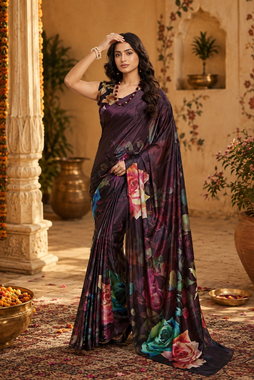 Premium Crepe Silk Floral Printed Saree With Unstitched Blouse(Brown)