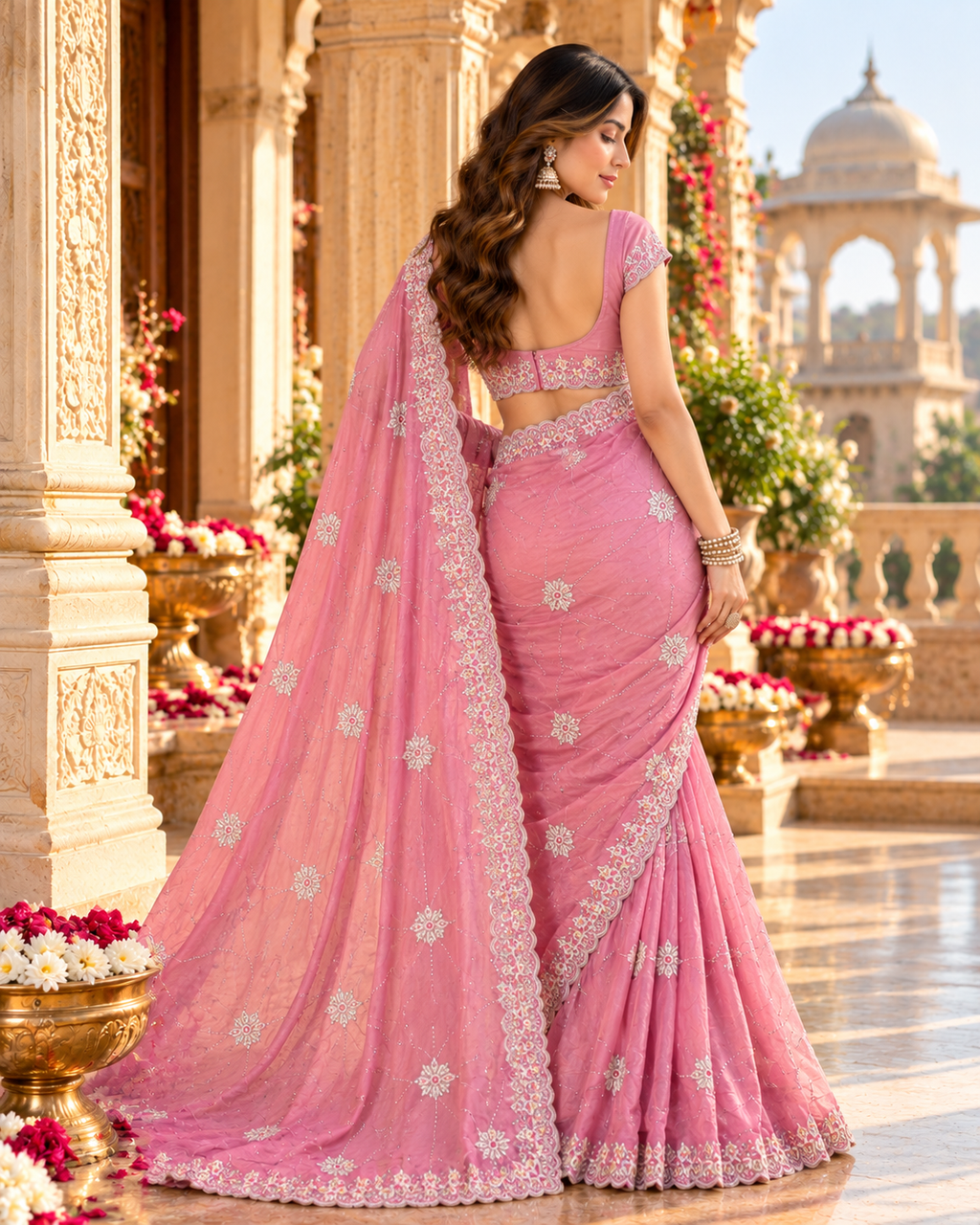 Pure Space Silk Embroidery Work Saree With Unstitched Blouse(Pink)