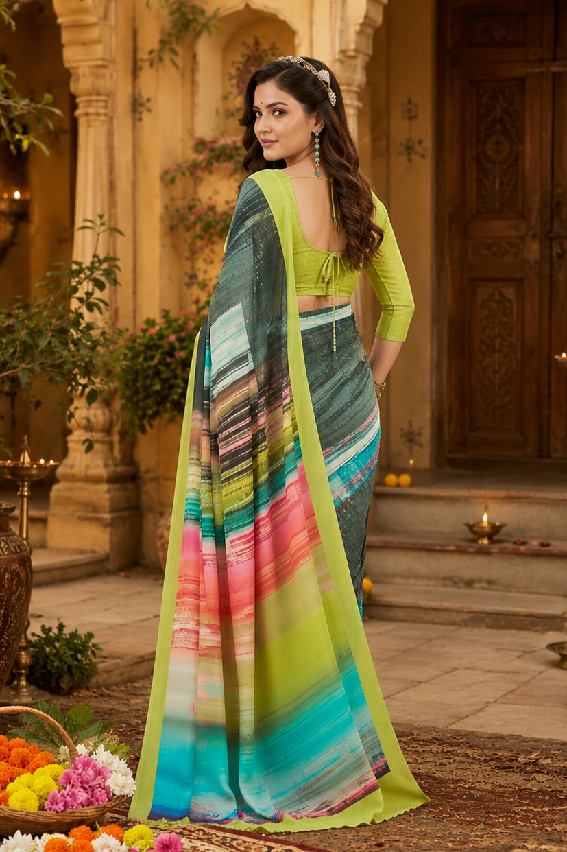 Soft crepe silk digital print saree with unstitched blouse(green)