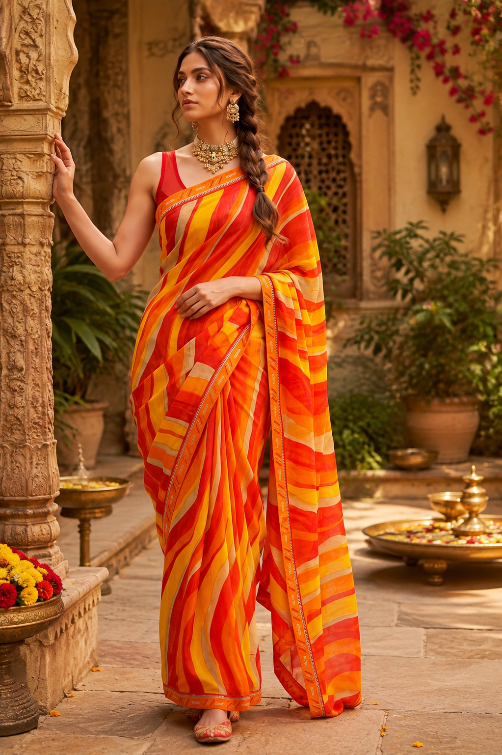 Georgette Digital Print Saree With Unstitched Blouse(Orange)