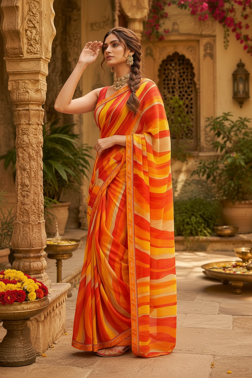 Georgette Digital Print Saree With Unstitched Blouse(Orange)