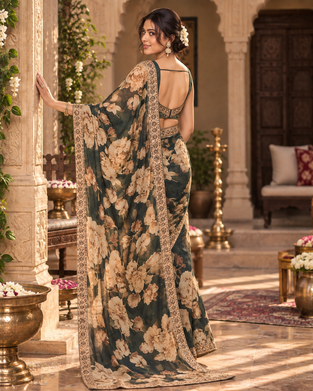 Georgette Printed Embroidery Work Digital Print Saree With Unstitched Blouse(Green)