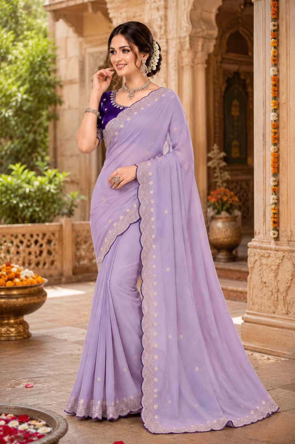 Georgette Border Embroidery Work Designer Saree With Unstitched Blouse(Lavender)