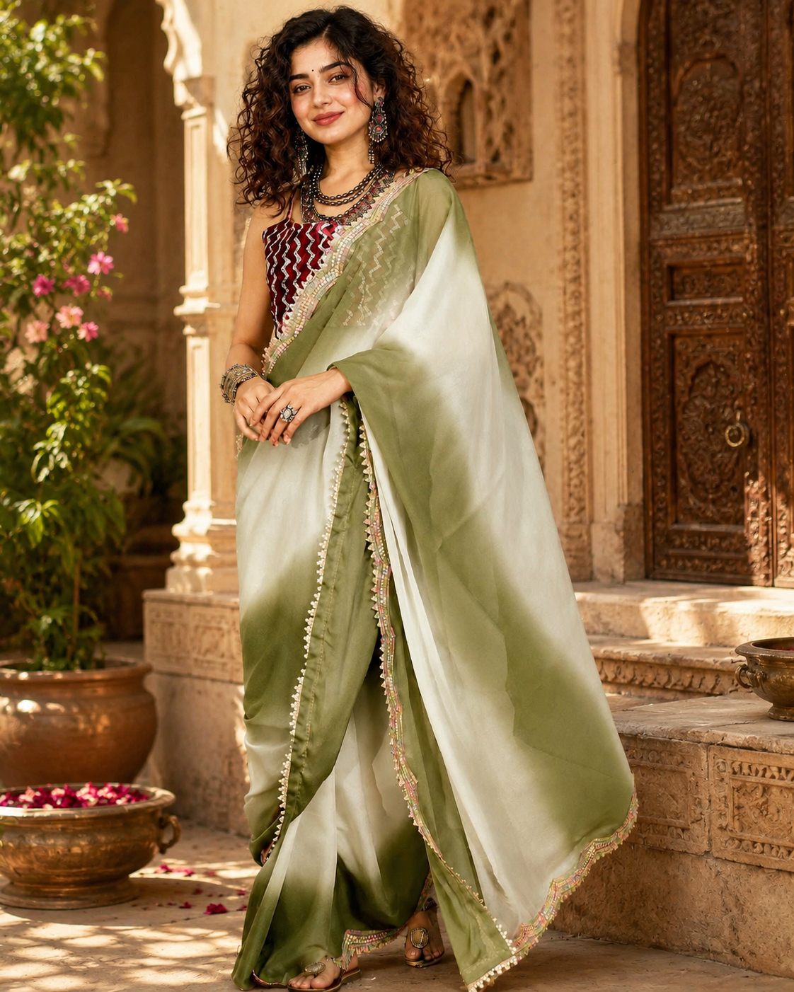 Georgette Embroidery Lace Work Saree With Unstitched Blouse(Green)
