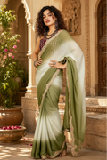 Georgette Embroidery Lace Work Saree With Unstitched Blouse(Green)