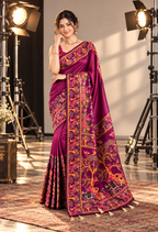Premium Pashmina Kashmiri  Meenakari Weaves Tassels Saree (Wine )