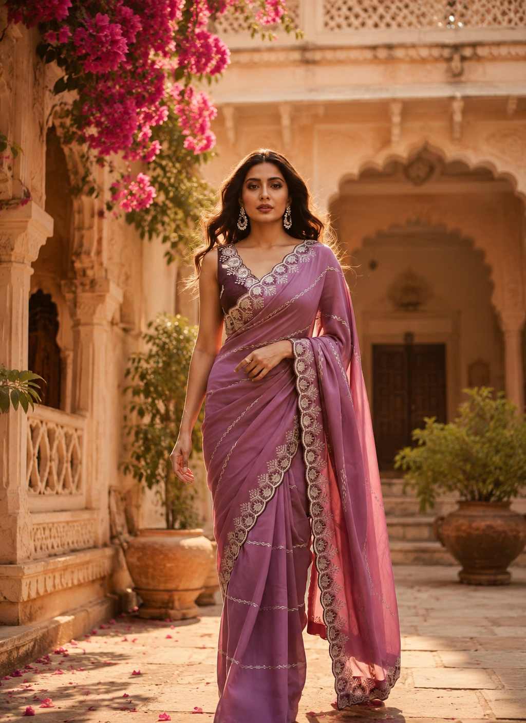 Designer Georgette Saree With Unstitched Blouse(Wine)