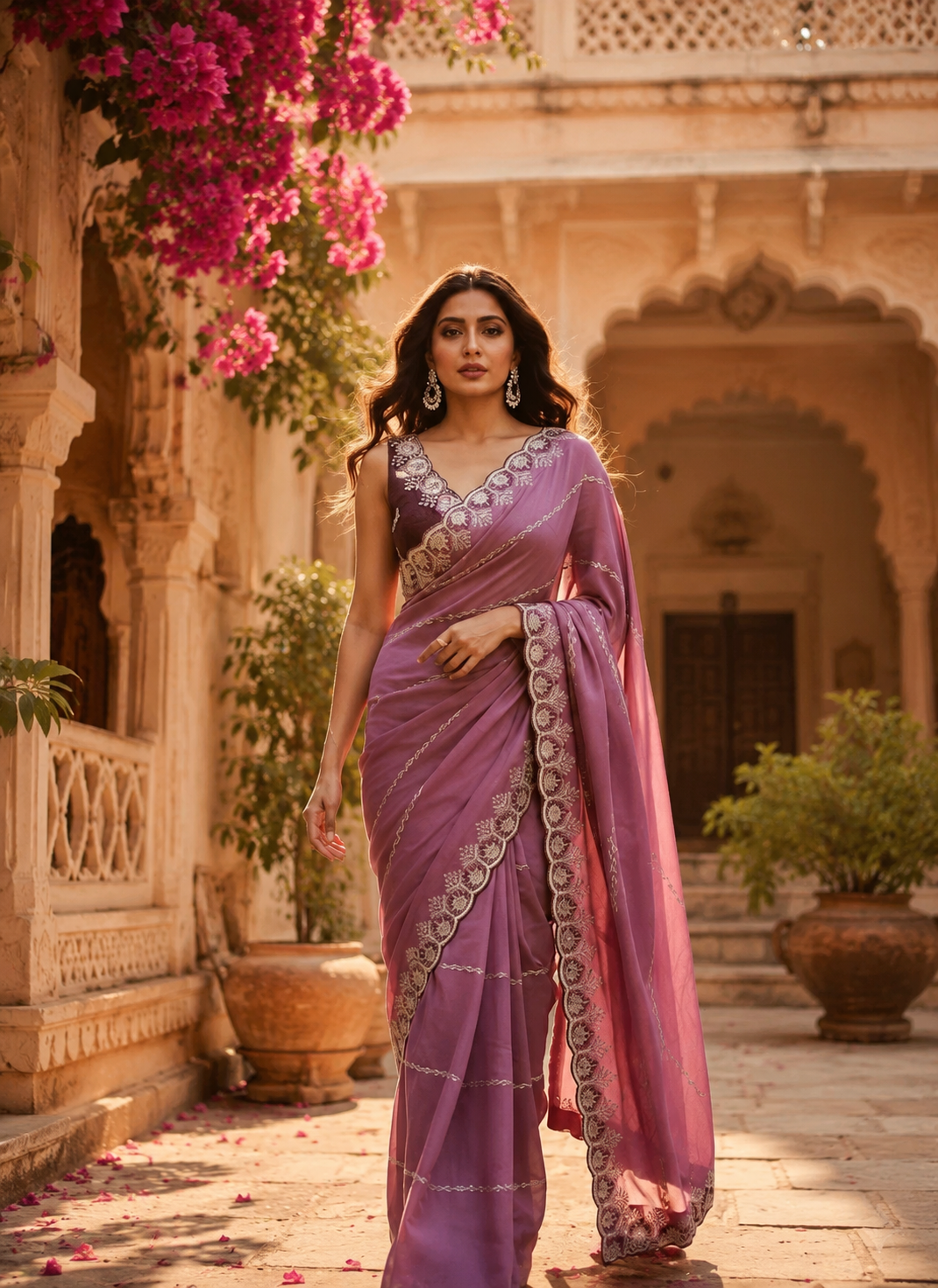 Designer Georgette Saree With Unstitched Blouse(Wine)