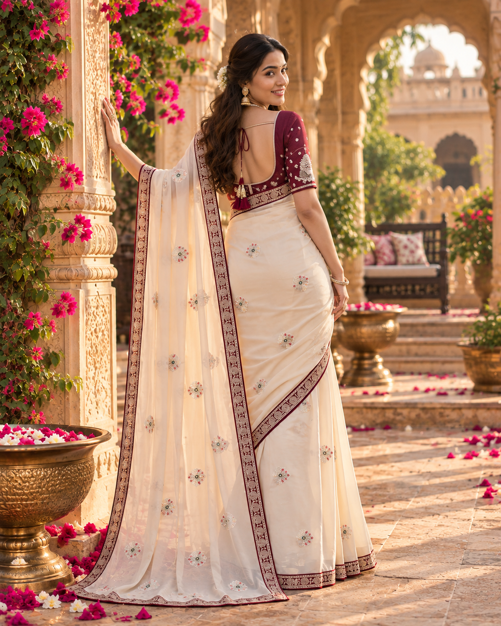 Rangoli Silk Embroidery Work Saree With Unstitched Blouse(White)