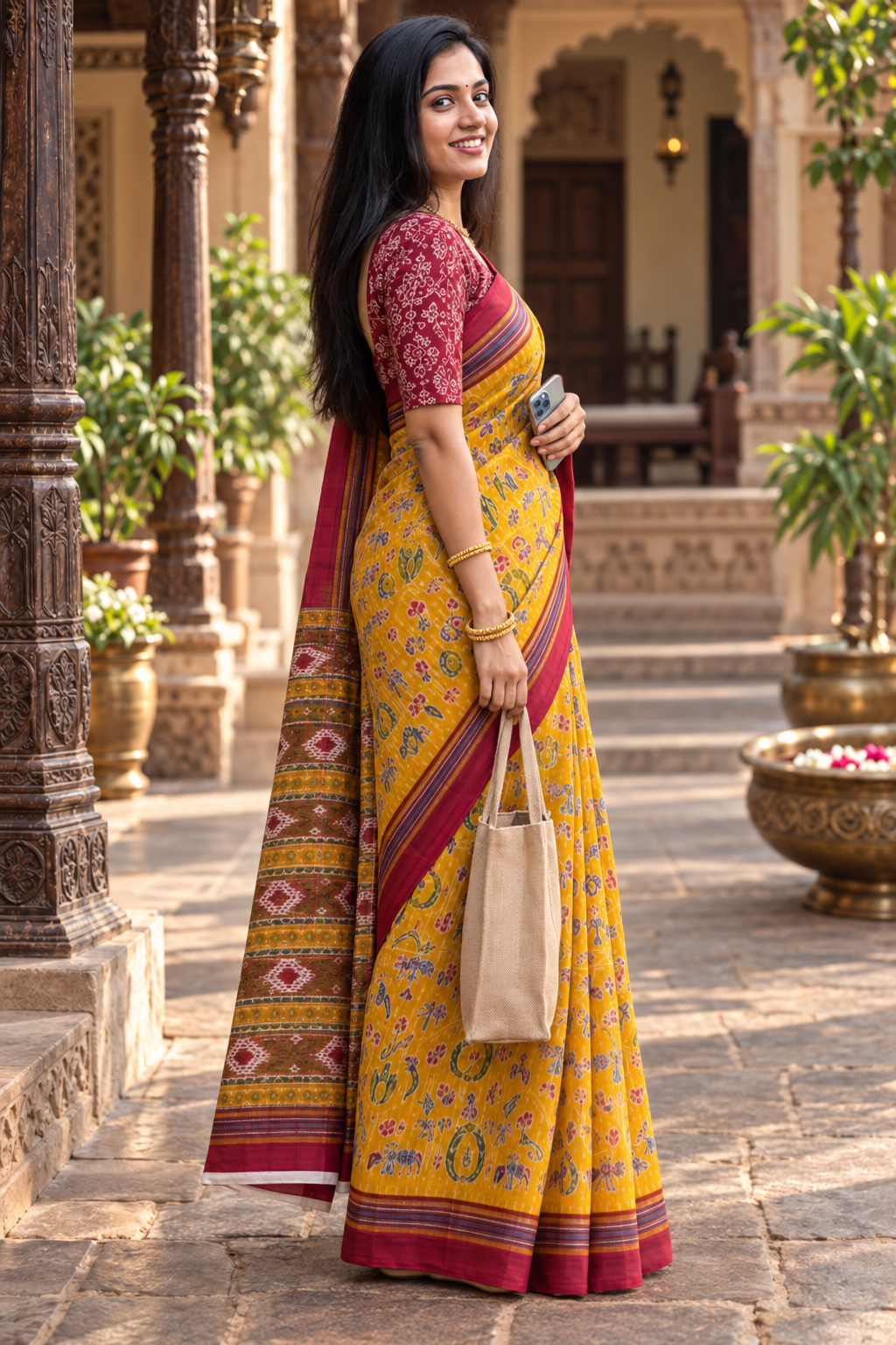 Mulmul Cotton Printed Saree With Unstitched Blouse(Yellow)