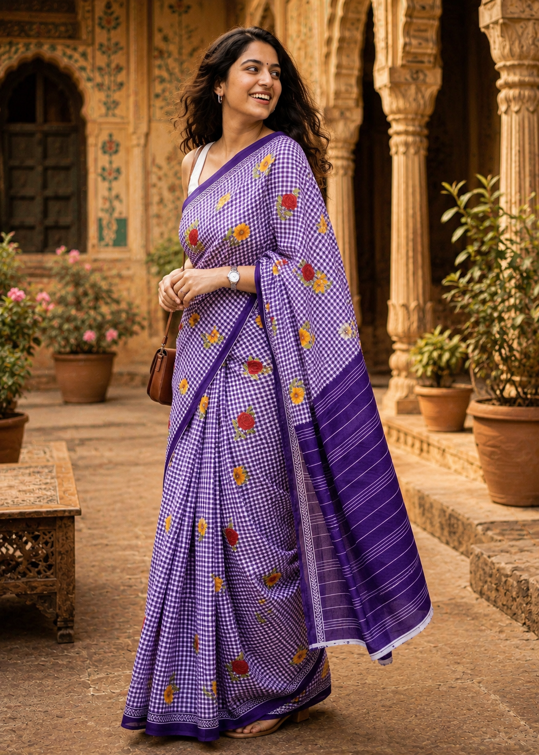 Soft Pure Mulmul Cotton Printed Saree With Unstitched Blouse(Purple)