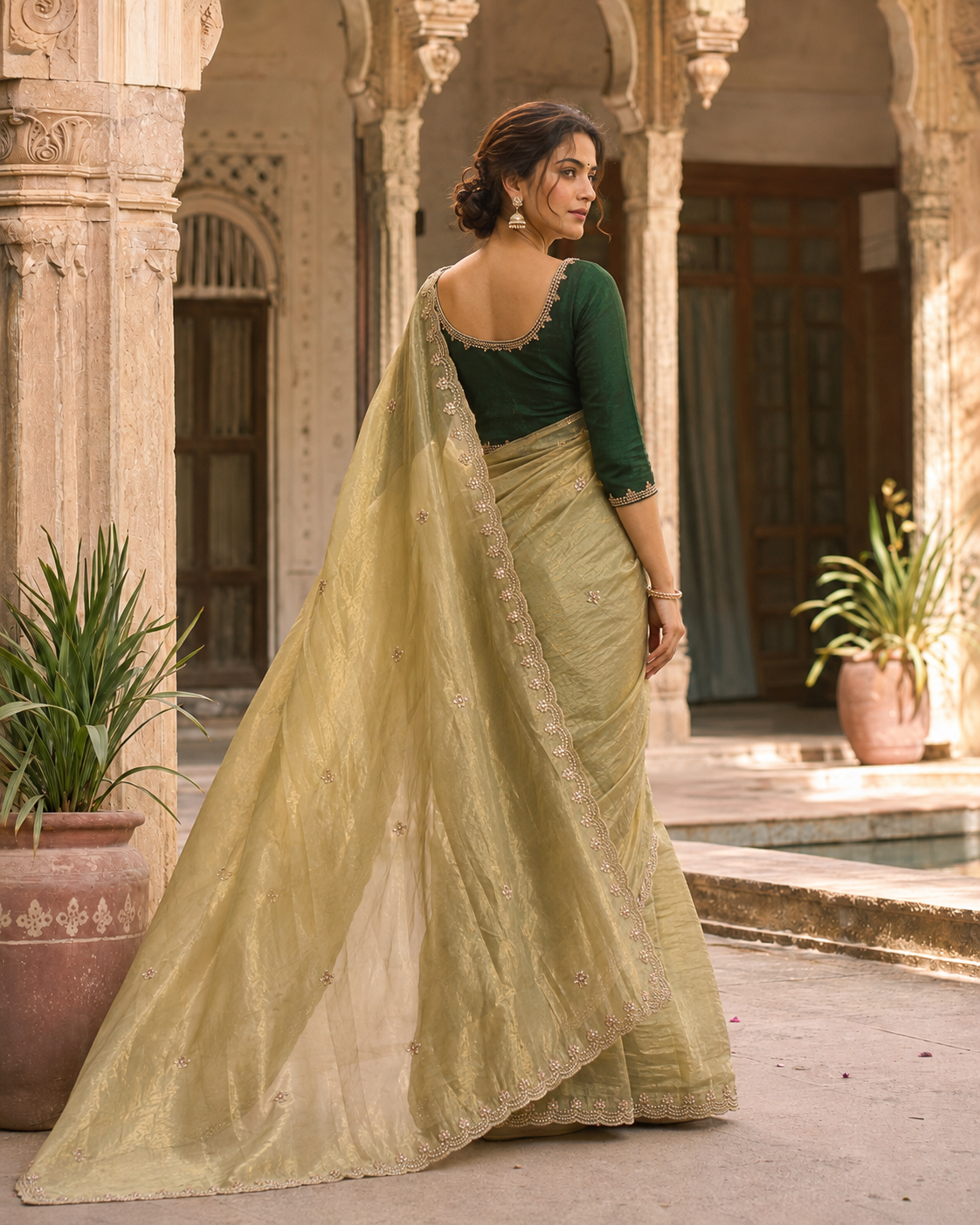 Satin Silk Embroidery Work Saree With Unstitched Blouse(Pista)