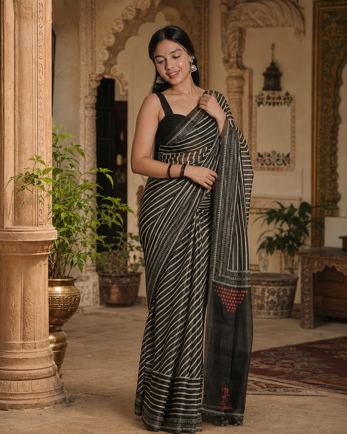 Chanderi Cotton Saree With Unstitched Blouse(Black)
