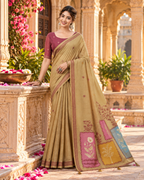 Premium Cotton Printed Saree With Unstitched Blouse(Beige)