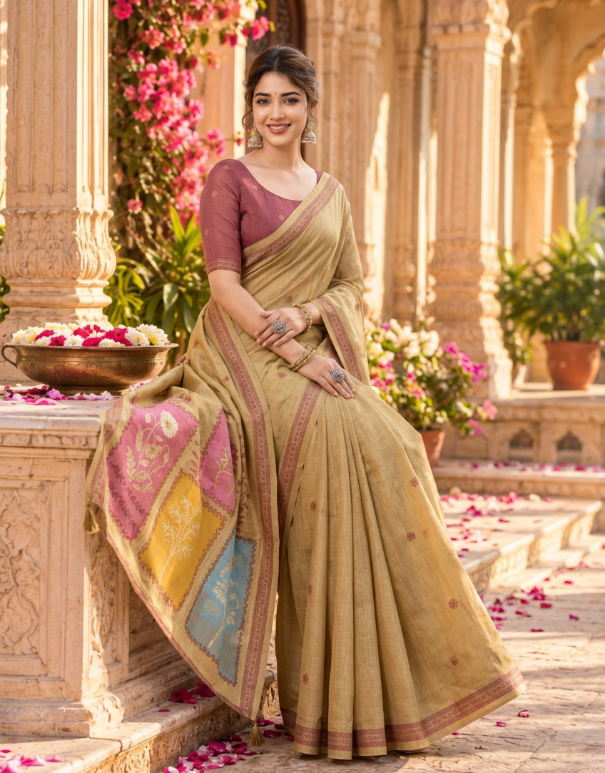 Premium Cotton Printed Saree With Unstitched Blouse(Beige)