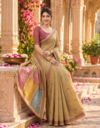 Premium Cotton Printed Saree With Unstitched Blouse(Beige)