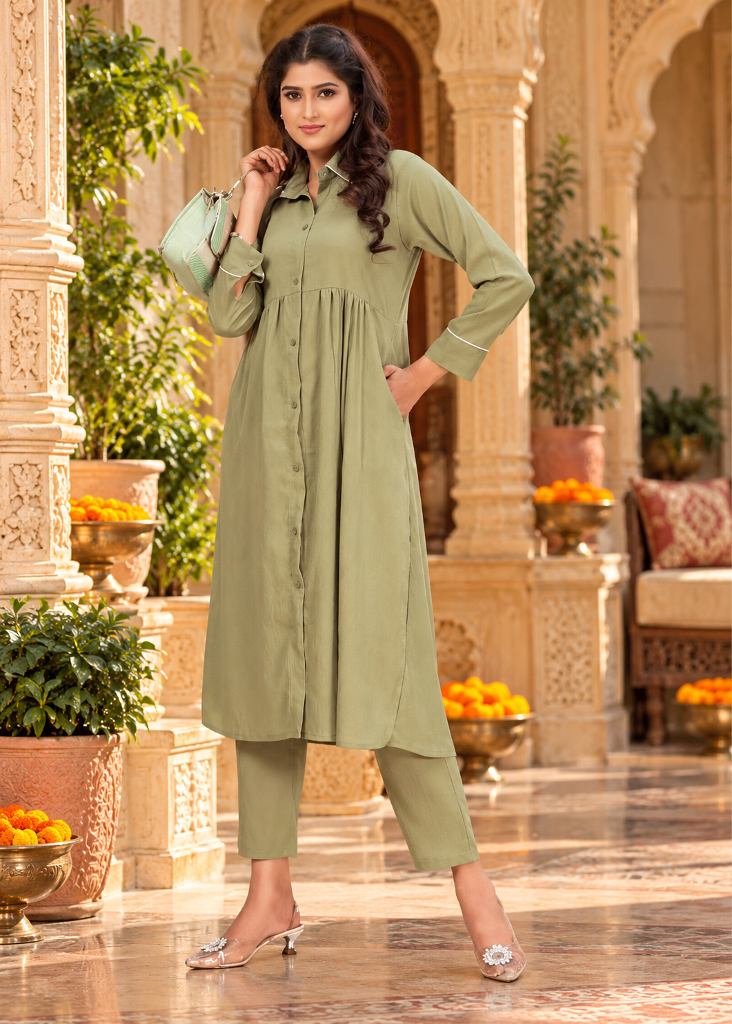 Cotton Kurti Pant Two Piece Set With Pocket(Pista)