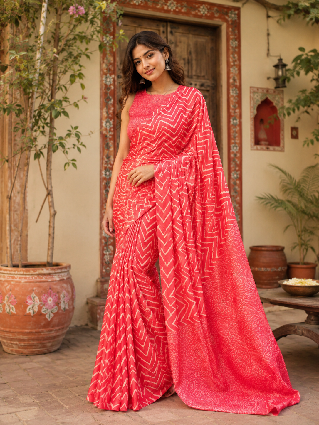 Satin Silk Printed Saree With Unstitched Blouse(Red)