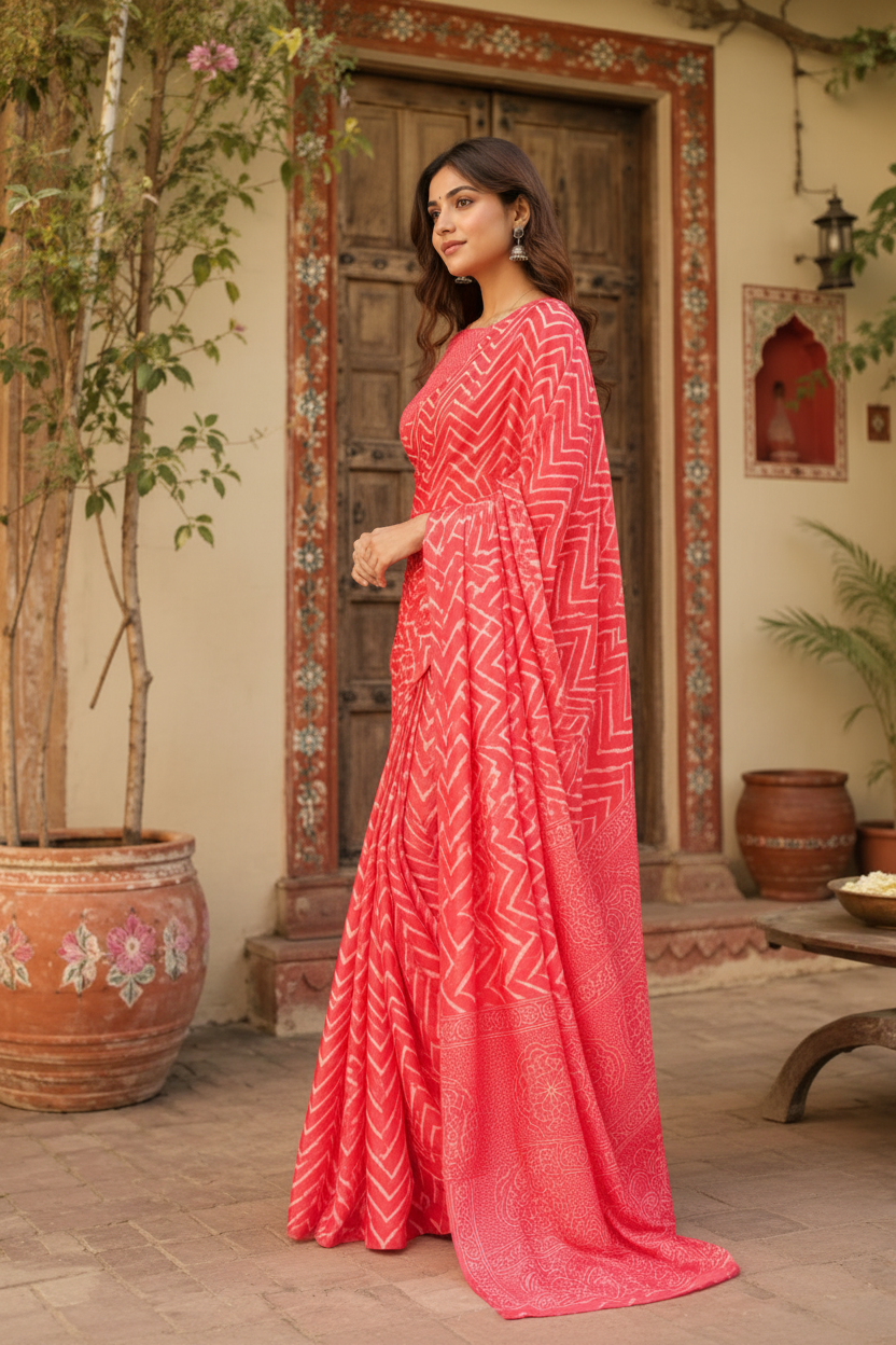 Satin Silk Printed Saree With Unstitched Blouse(Red)