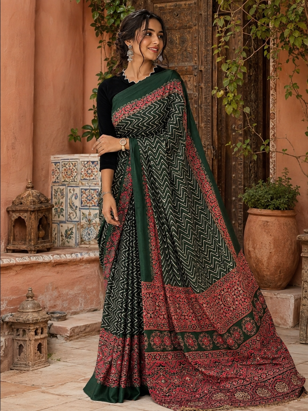 Premium Satin Silk Ajrarakh Print Saree With Unstitched Blouse(Bottle Green)