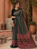 Premium Satin Silk Ajrarakh Print Saree With Unstitched Blouse(Bottle Green)