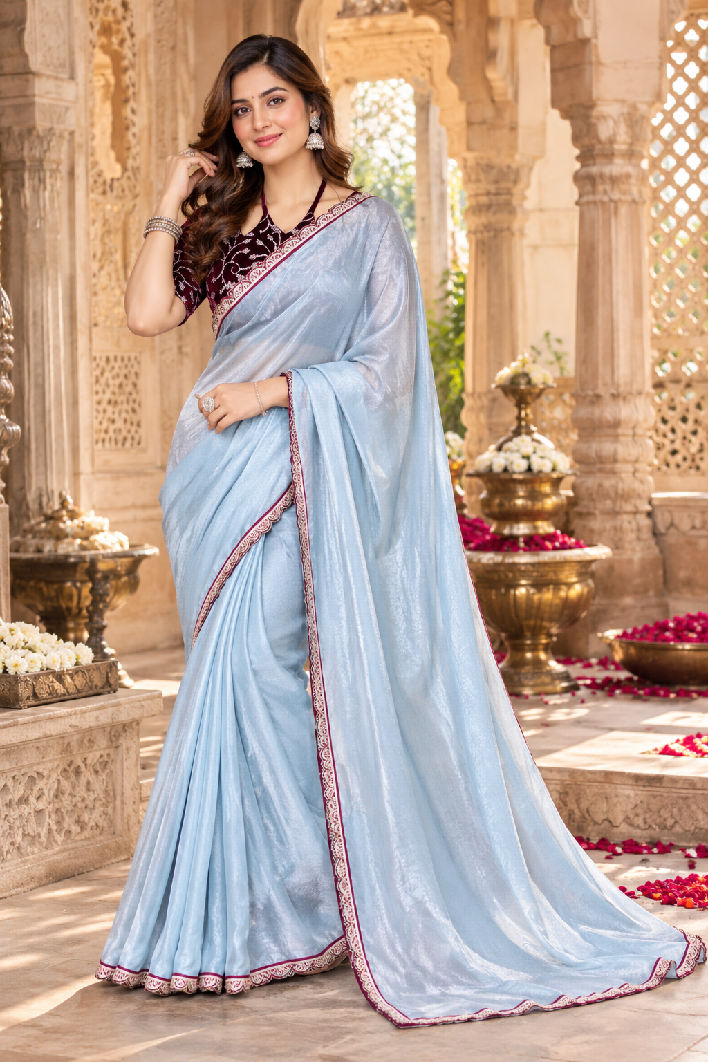 Silk Embroidery Work Saree With Unstitched Blouse(Sky)