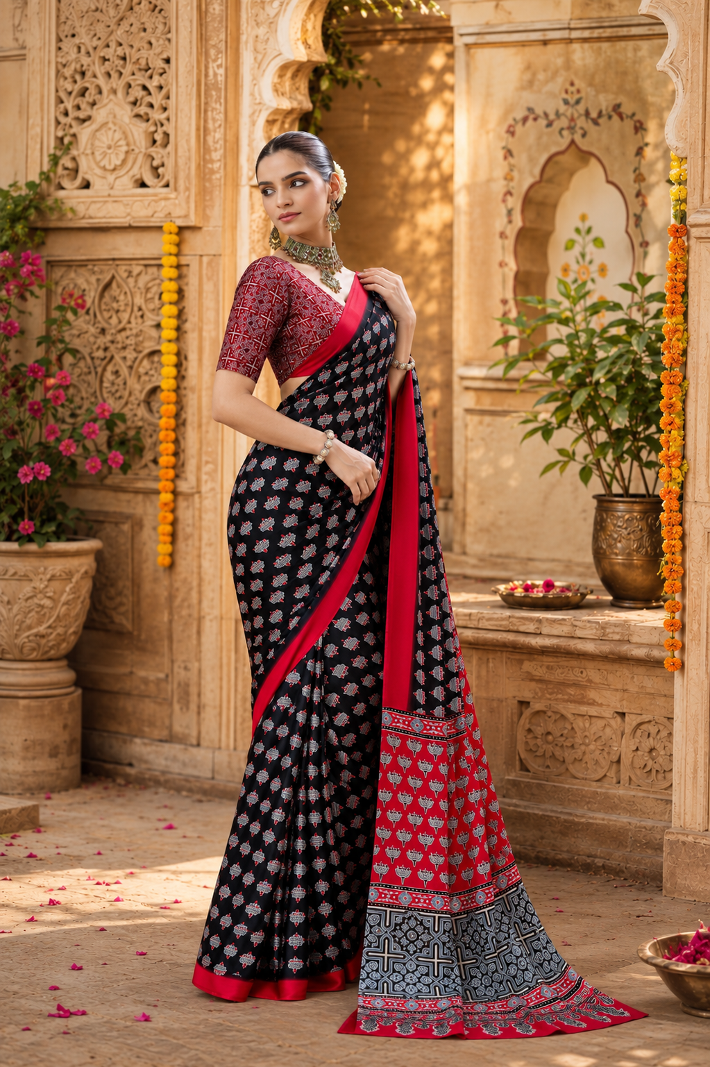 Satin Ajrakh Printed Saree With Unstitched Blouse(Black)